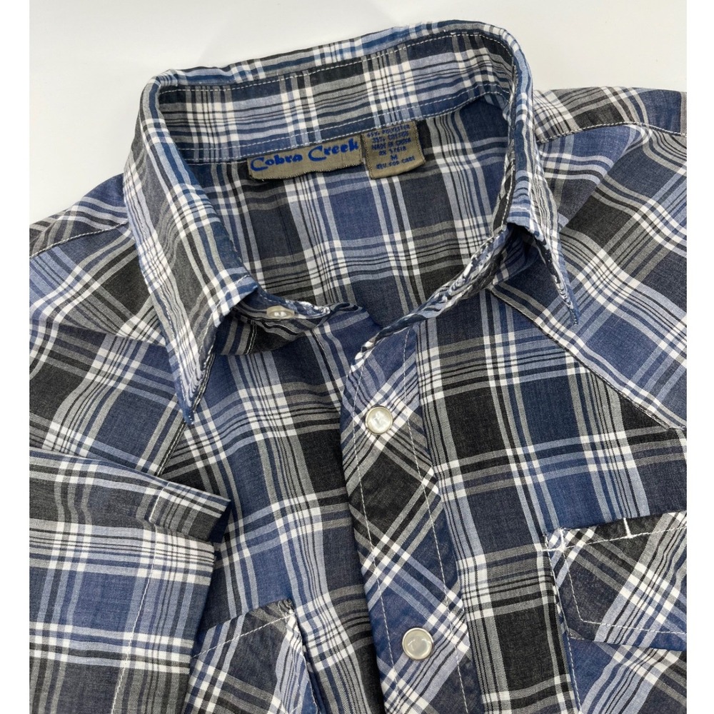 Cobra Creek Western Pearl Snap Shirt Mens Medium Blue Plaid Short Sleeve Vintage